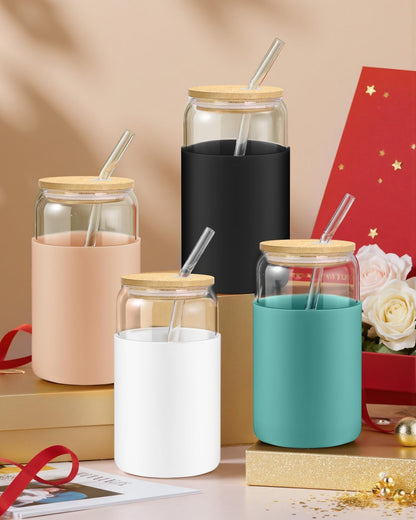 sungwoo 4PCS Glass Cups with Bamboo Lids and Straws, 16OZ Ice Coffee Cup, Drinking Cup set with Wooden Lids, Home Essential Glass Tumblers for Beer, Cocktail, Tea and Latte Clear