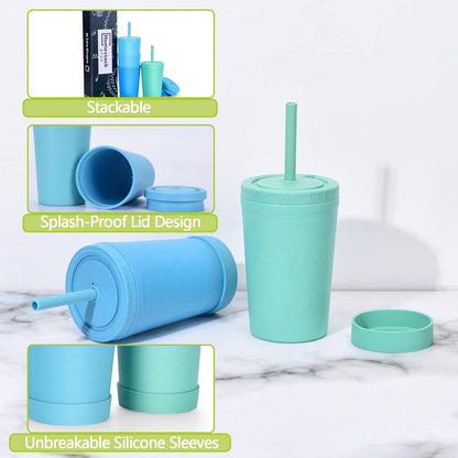Homestockplus Reusable Wheat Straw Cups with Lids and Silicone Straws, 10 Oz Chip Resistant E-Co Friendly Small Water Cups for Milk, Drinks, Smoothies - 4 Colors