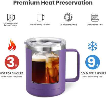 MEWAY 12oz Coffee Mug With Handle and Sliding Lid,Stainless Steel Travel Tumbler Cup with Handle,Double Wall Vacuum Insulated Camping Cup for Hot & Cold Drinks Tea (Black,Set of 1