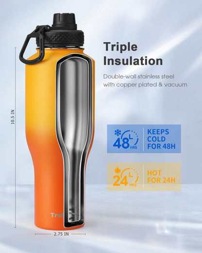 Trebo 40 oz Water Bottle Insulated Fit Car Cup Holder with Handle, Stainless Steel Water Bottles Tumbler with Spout Straw Lids, Double Wall Travel Reusable Flask, Leakproof Mug,Keep Cold &Hot,Black
