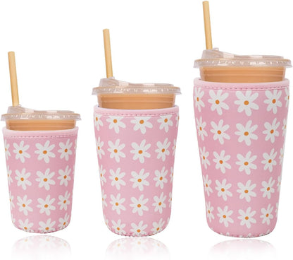 Reusable Insulated Neoprene Iced Coffee Cup Sleeve, Durable Drink Sleeve for Cold Beverages, Beverage Holder for Iced Coffee, Floral Checkers