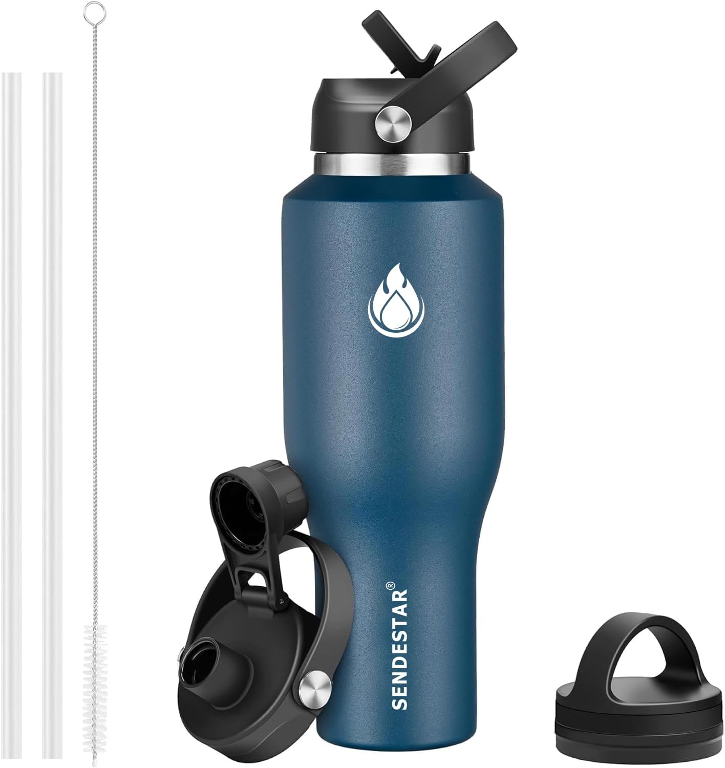 SENDESTAR 40oz Water Bottle Wide Mouth Stainless Steel Vacuum Insulated Double Wall with Straw Lids Fit in Any Car Cup Holder