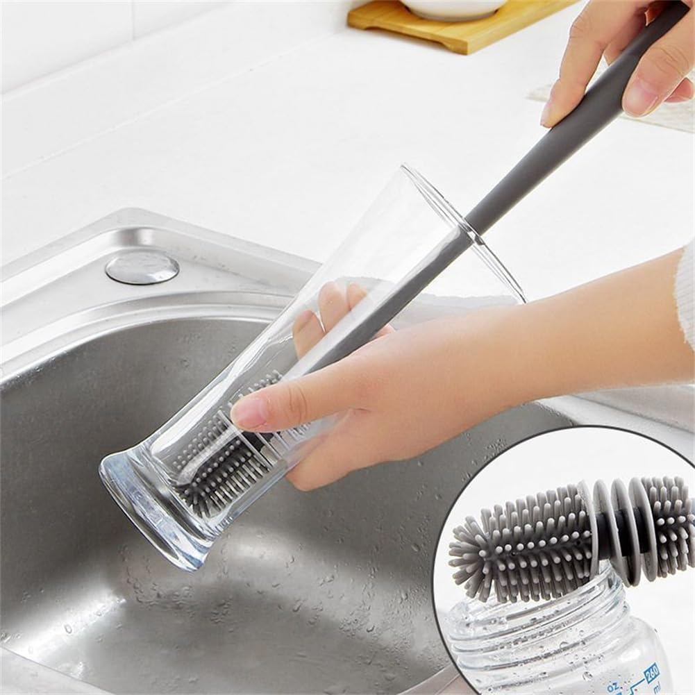 Silicone Soft Bristle Water Bottle Cleaner Brush with Extra Long Handle for Flasks, Tumbler, Glassware, Sports Bottles, Baby Bottles, Vases, Narrow Neck, Gray