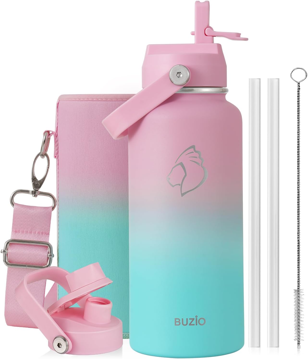 BUZIO 40oz Insulated Water Bottle, Triple Wall Vacuum Stainless Steel Water Flask with 2 lids, Lead-Free BPA-Free Straw Lid Sports Canteen Jug, Cold 48H & Hot 24H- Black - Colors B