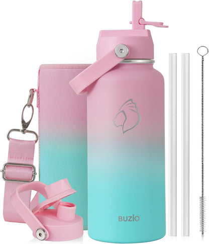 BUZIO 40oz Insulated Water Bottle, Triple Wall Vacuum Stainless Steel Water Flask with 2 lids, Lead-Free BPA-Free Straw Lid Sports Canteen Jug, Cold 48H & Hot 24H- Black - Colors B