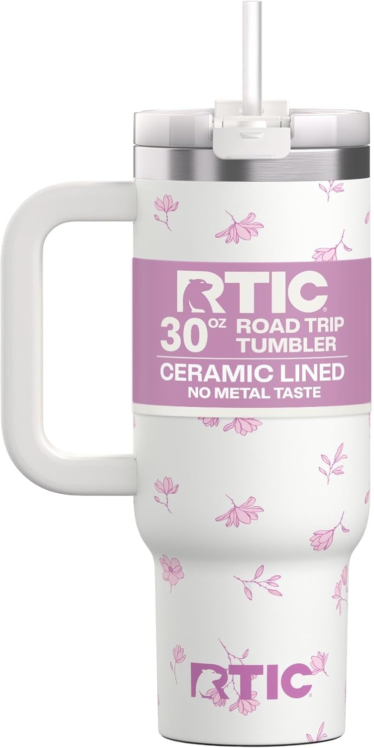 RTIC 30 oz Road Trip Tumbler Double-Walled Ceramic Lined InsulatedStainless Steel Portable Travel Coffee Mug Cup with Lid, Handle and Straw, Periwinkle Bouquet