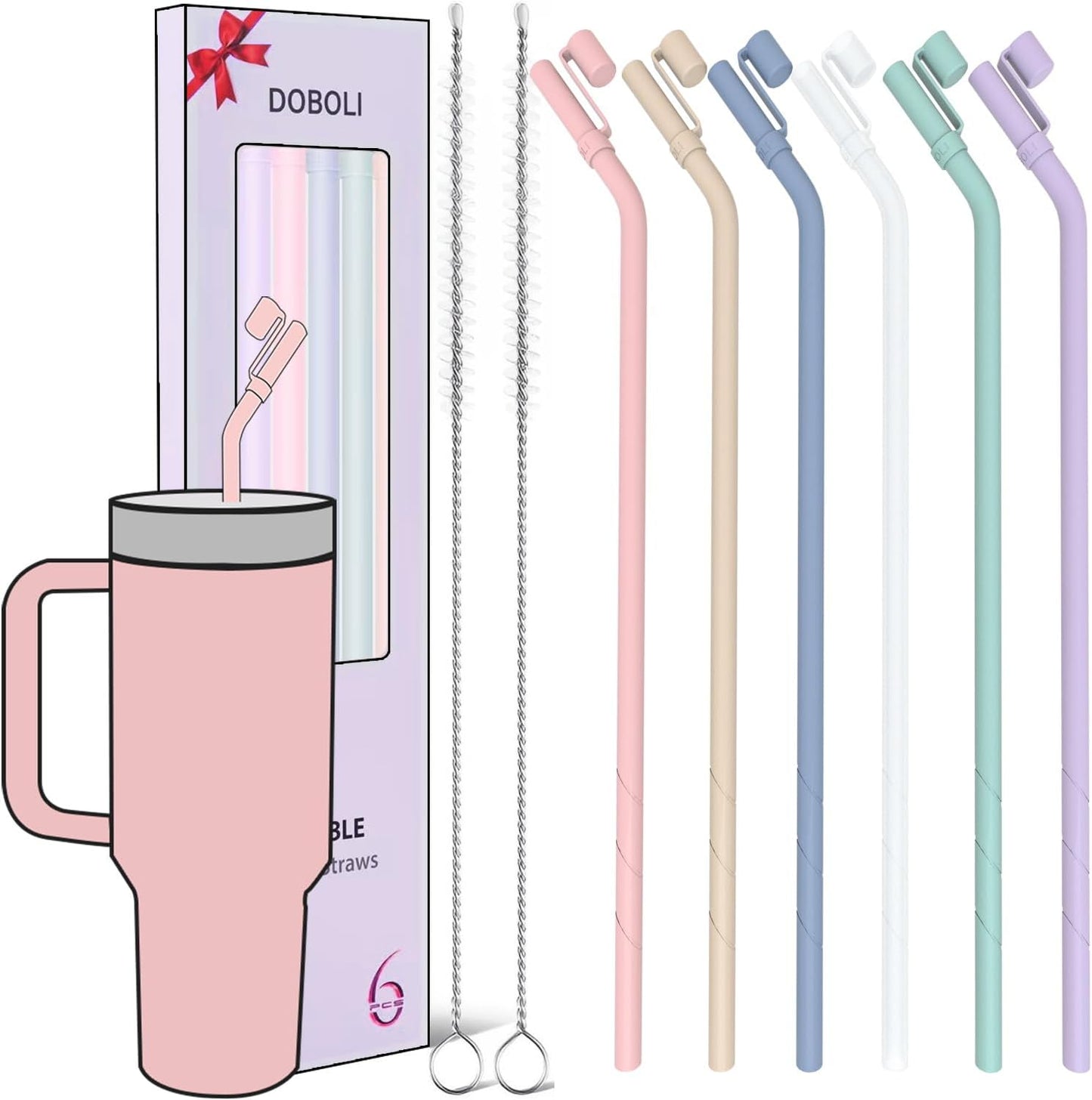 Reusable Replacement 12 inch Long Silicone Straw With Cover, Stocking Stuffers Gifts for Women Men Teens Girls Boys, Compatible with Stanley Tumbler Cup Accessorie 40 oz 30 oz (6 Pack)