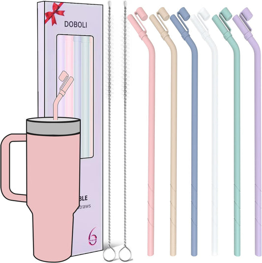 Reusable Replacement 12 inch Long Silicone Straw With Cover, Stocking Stuffers Gifts for Women Men Teens Girls Boys, Compatible with Stanley Tumbler Cup Accessorie 40 oz 30 oz (6 Pack)