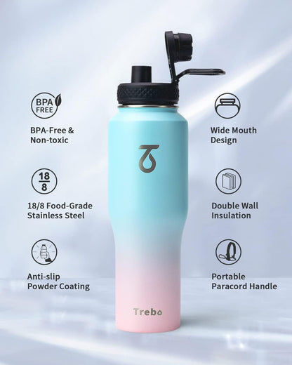 Trebo 40 oz Water Bottle Insulated Fit Car Cup Holder with Handle, Stainless Steel Water Bottles Tumbler with Spout Straw Lids, Double Wall Travel Reusable Flask, Leakproof Mug,Keep Cold &Hot,Black