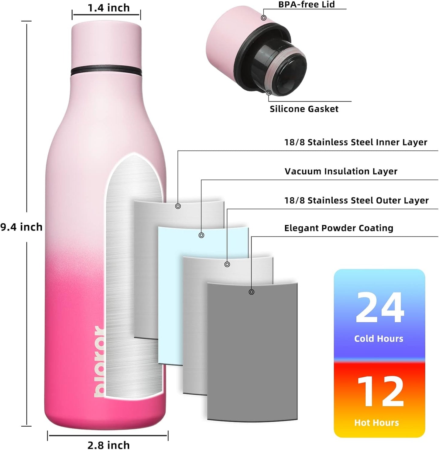 BJPKPK Insulated Water Bottles, 18 oz Stainless Steel Metal Water Bottle with Strap, BPA Free Leak Proof Jugs, Mugs, Flasks, Reusable Thermal Flasks for Sports & Travel, Black - Colors B
