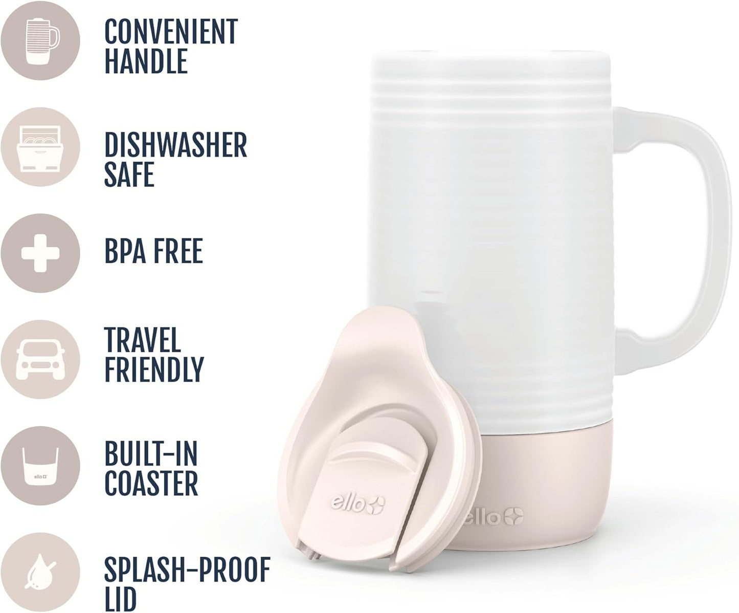 Ello Jane 18oz Ceramic Travel Mug with Handle, Splash-Resistant Slider Lid and Built-in Coaster, Perfect for Coffee and Tea, BPA Free, Dishwasher Safe, Gift for Him Her Mother's Day Birthday, Sandbar