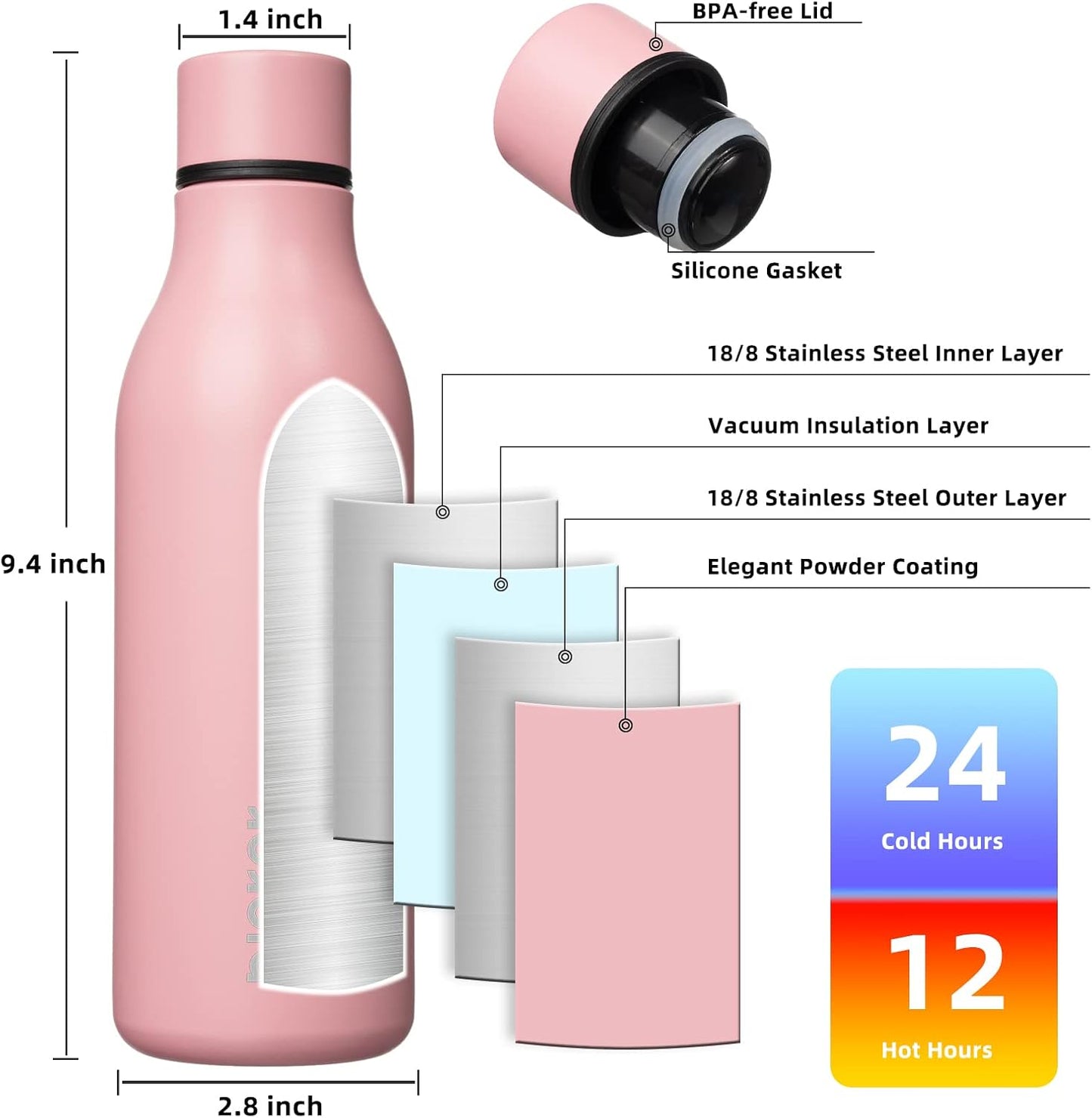 BJPKPK Insulated Water Bottles, 18 oz Stainless Steel Metal Water Bottle with Strap, BPA Free Leak Proof Jugs, Mugs, Flasks, Reusable Thermal Flasks for Sports & Travel, Black - Colors B