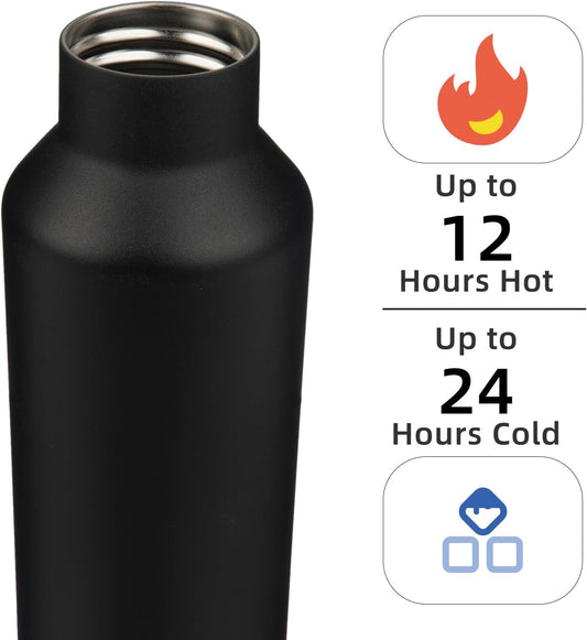 Konokyo Insulated Water Bottle with Straw,25 OZ Double Wall Vacuum Stainless Steel Water Flask with 2 Lids,Black