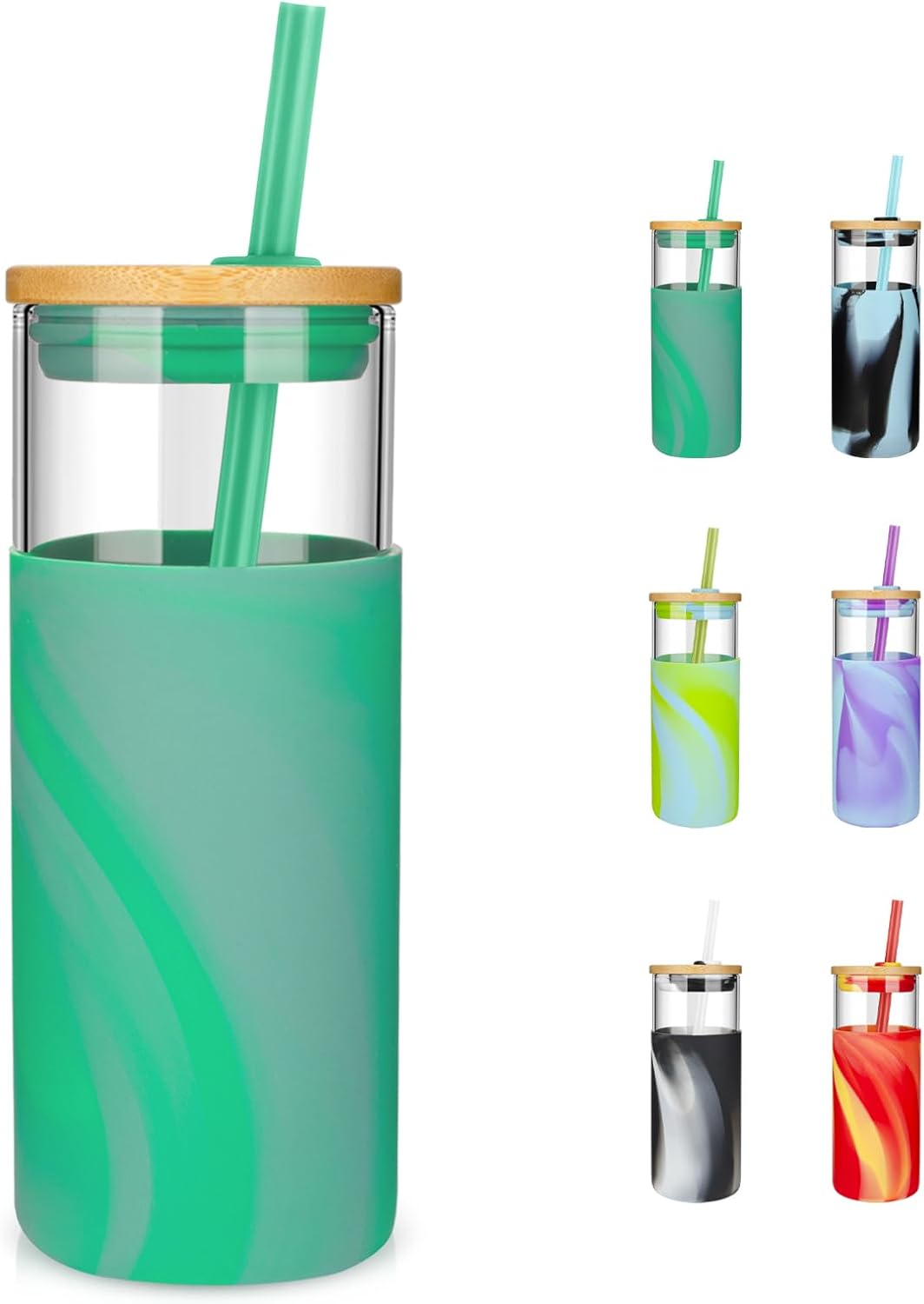Tronco 20 oz Glass Tumbler with Lid and Straw, Iced Coffee Cup and Smoothie Cup with Bamboo Lids & Protective Silicone Sleeve, Dishwasher Safe, BPA-Free, Glass Cup 1 Pack - Colors B