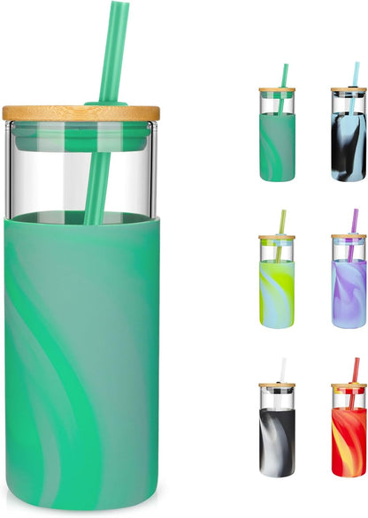 Tronco 20 oz Glass Tumbler with Lid and Straw, Iced Coffee Cup and Smoothie Cup with Bamboo Lids & Protective Silicone Sleeve, Dishwasher Safe, BPA-Free, Glass Cup 1 Pack - Colors B