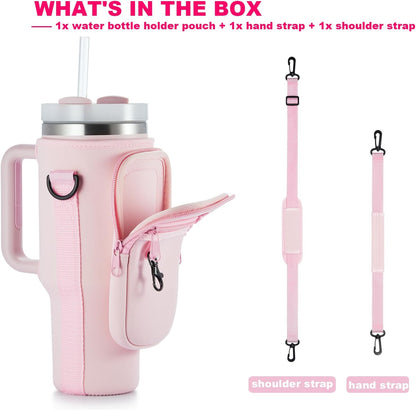 BULKITEM Water Bottle Carrier Bag with Phone Pocket for Stanley 40 & 30 oz Tumbler with Handle,Pink Insulated Neoprene Cup Holder Pouch w/Adjustable Strap for Quencher H2.0 Stanley Cup Accessories