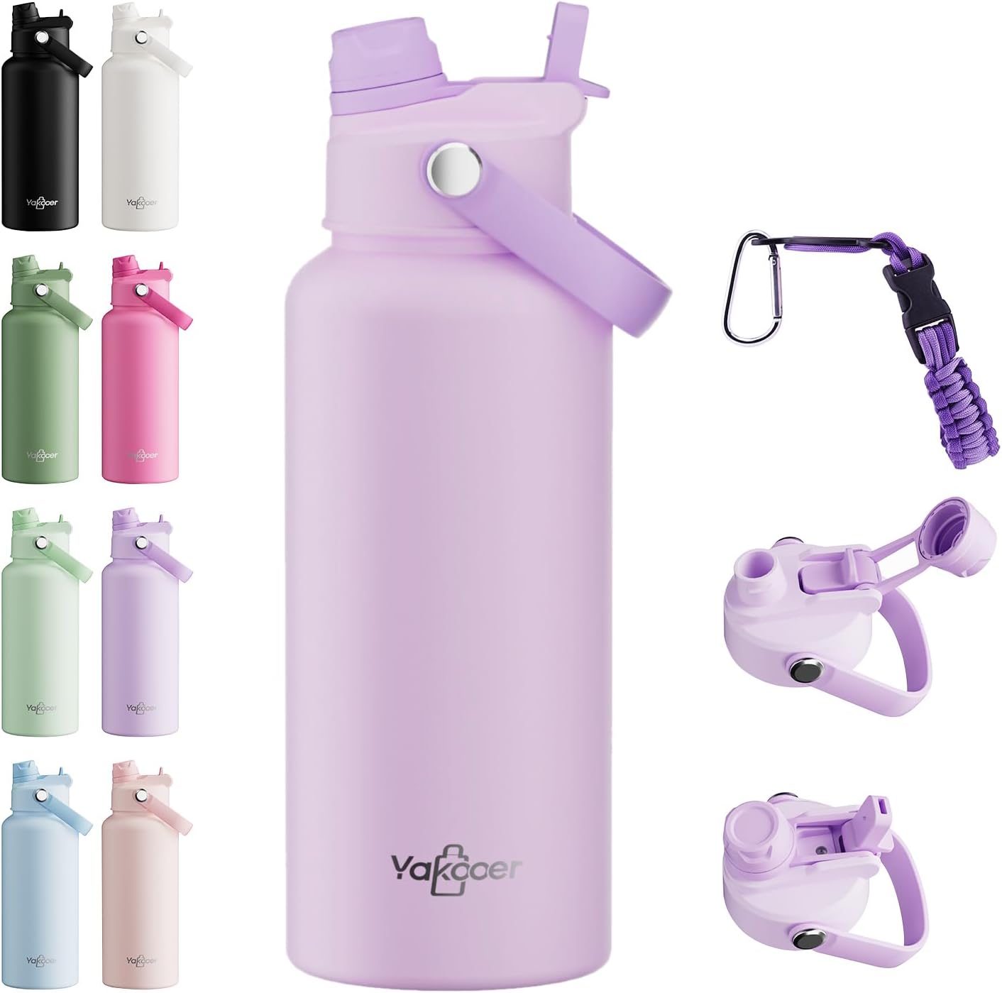 26oz Insulated Water Bottle with 2-in-1 Straw and Spout Lid, 304 Stainless Steel Water Bottle Keep Cold for 24H,Leak-Proof,Sports Water Bottle with Braided Carry Strap for Gym,Travel,Outdoors,Black