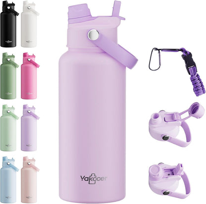 26oz Insulated Water Bottle with 2-in-1 Straw and Spout Lid, 304 Stainless Steel Water Bottle Keep Cold for 24H,Leak-Proof,Sports Water Bottle with Braided Carry Strap for Gym,Travel,Outdoors,Black