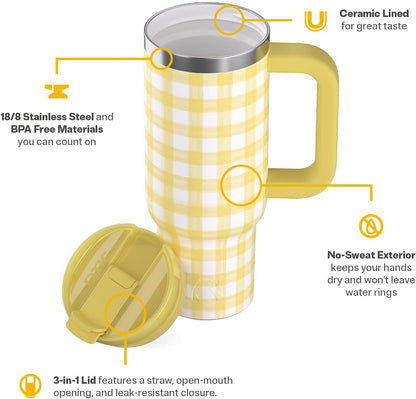 RTIC 30 oz Road Trip Tumbler Double-Walled Ceramic Lined InsulatedStainless Steel Portable Travel Coffee Mug Cup with Lid, Handle and Straw, Periwinkle Bouquet