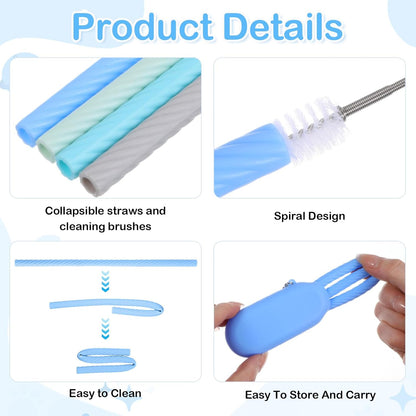 4 Set Portable Straw,Reusable Straws Silicone with Case Silicone Portable Drinking travel Straw Set for Party Travel Cold or Hot with 4 Cleaning Brushes (Purple,Pink,Green, Blue）
