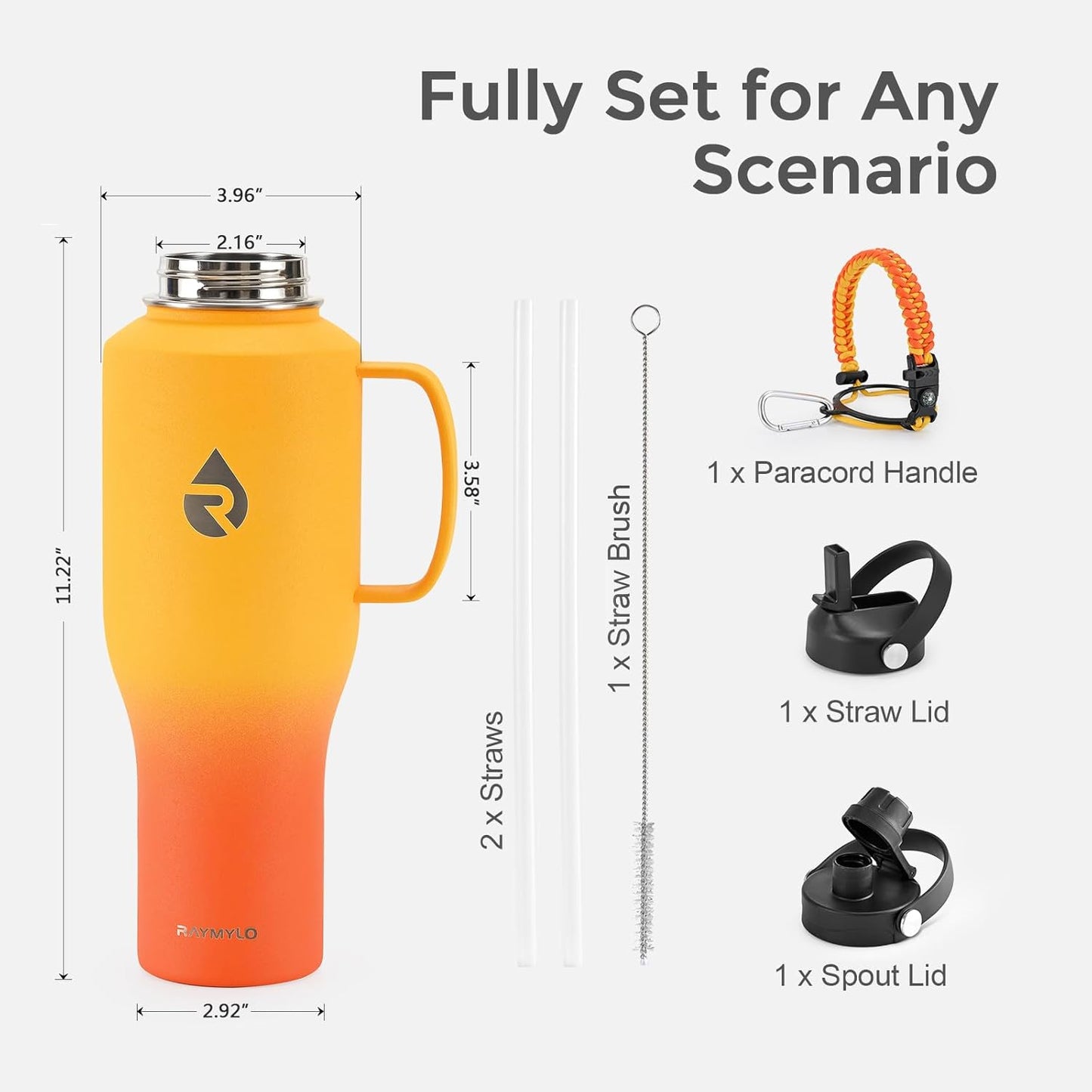 RAYMYLO 40 oz Insulated Water Bottle with Straw fit in Car Cup Holder, Triple Wall Vacuum Stainless Steel(Cold 48 hrs, Hot 24 hrs), Leakproof & Non-BPA, Hydro Travel Flask with Straw and Spout Lid