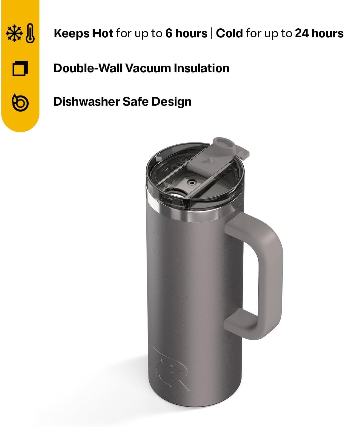 RTIC 20oz Road Trip Travel Mug with Lid and Handle, Ceramic Lined, Insulated, Stainless Steel, Metal, Double Wall Vacuum-Insulation, Portable Coffee, Tea Cup for Hot and Cold Drink, Black