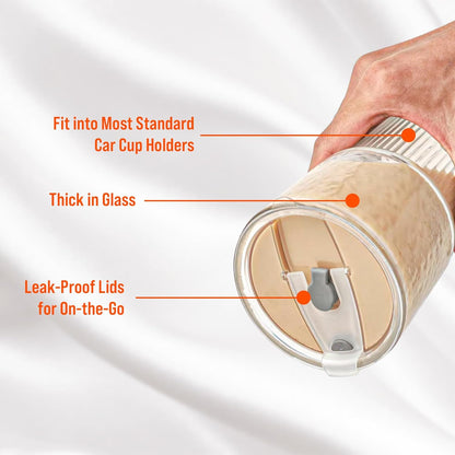 SUROQUE 20oz Ribbed Glass Tumblers with Lids & Straws, Ideal for Iced Coffee, Cocktails & More - Includes Cleaning Brush