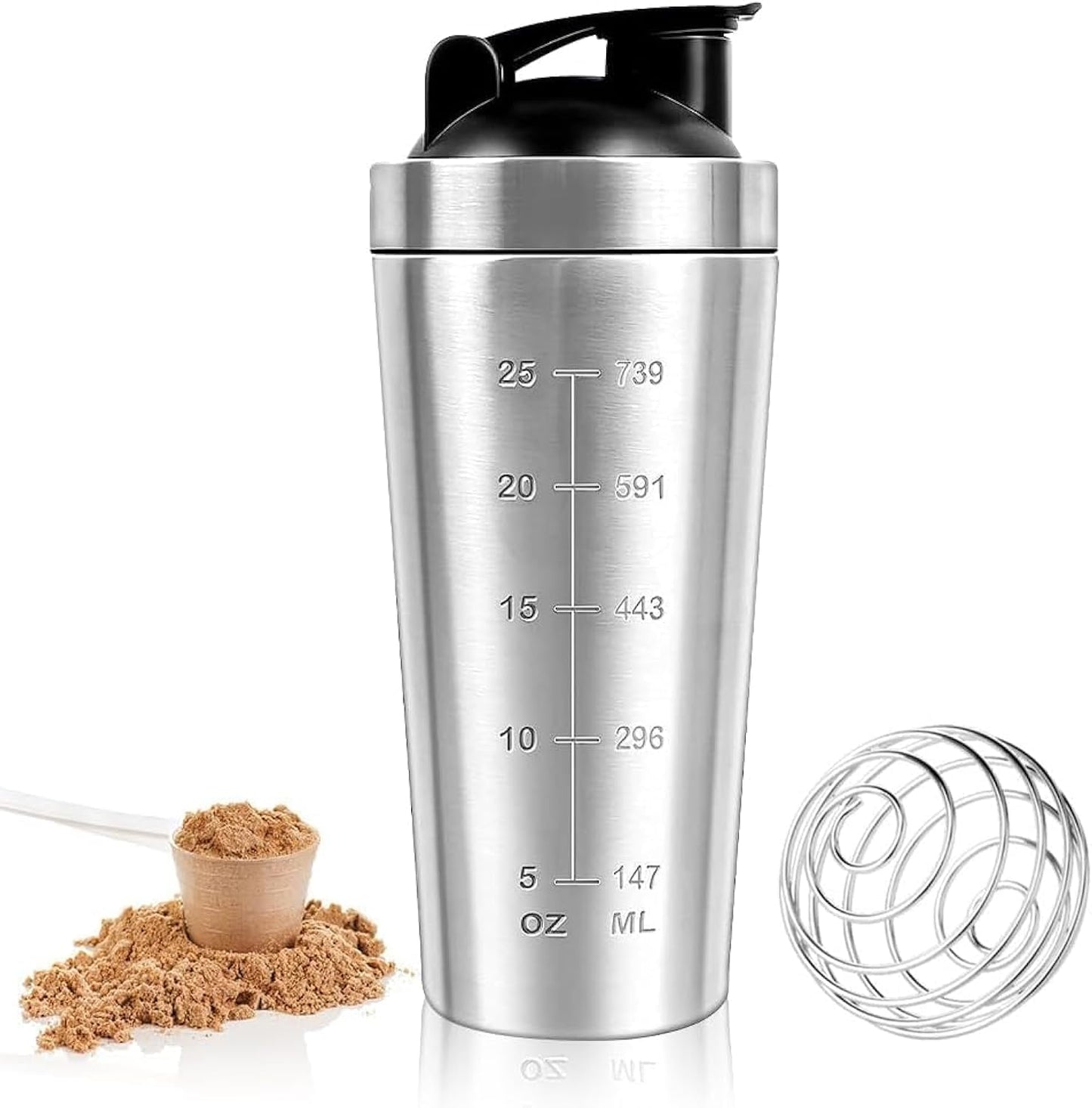 Protein Shaker Bottle 750ml, Stainless Steel Protein Shaker Cup, Gym Shaker Bottle, Protein Mixer Shaker Supplement Bottle with Mixball, Leak Proof Metal Sports Water Bottle for Men&Women