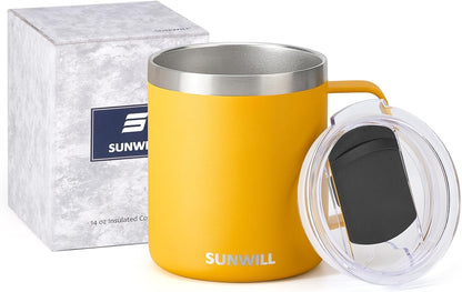 SUNWILL Travel Coffee Mug with Lid, Insulated Tumbler with Handle, 14 oz Stainless Steel Cup for Ice, Water, Tea, Rose Gold