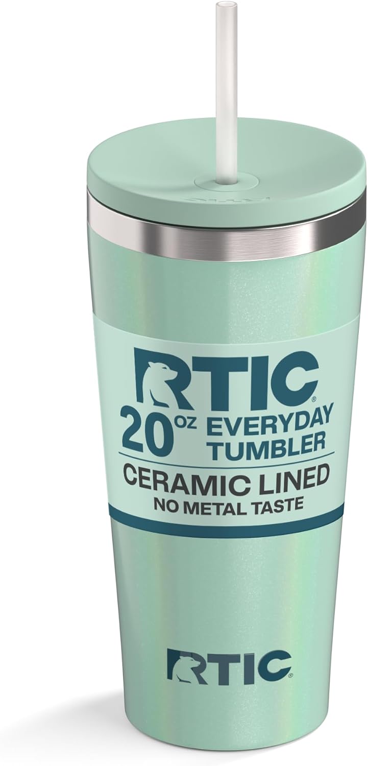 RTIC 20oz Everyday Tumbler Insulated Stainless Steel Portable Travel Coffee Cup with Straw, Ceramic Lining, Spill-Resistant Lid, BPA-Free, Hot and Cold Drink, Beach