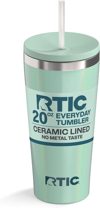 RTIC 20oz Everyday Tumbler Insulated Stainless Steel Portable Travel Coffee Cup with Straw, Ceramic Lining, Spill-Resistant Lid, BPA-Free, Hot and Cold Drink, Beach