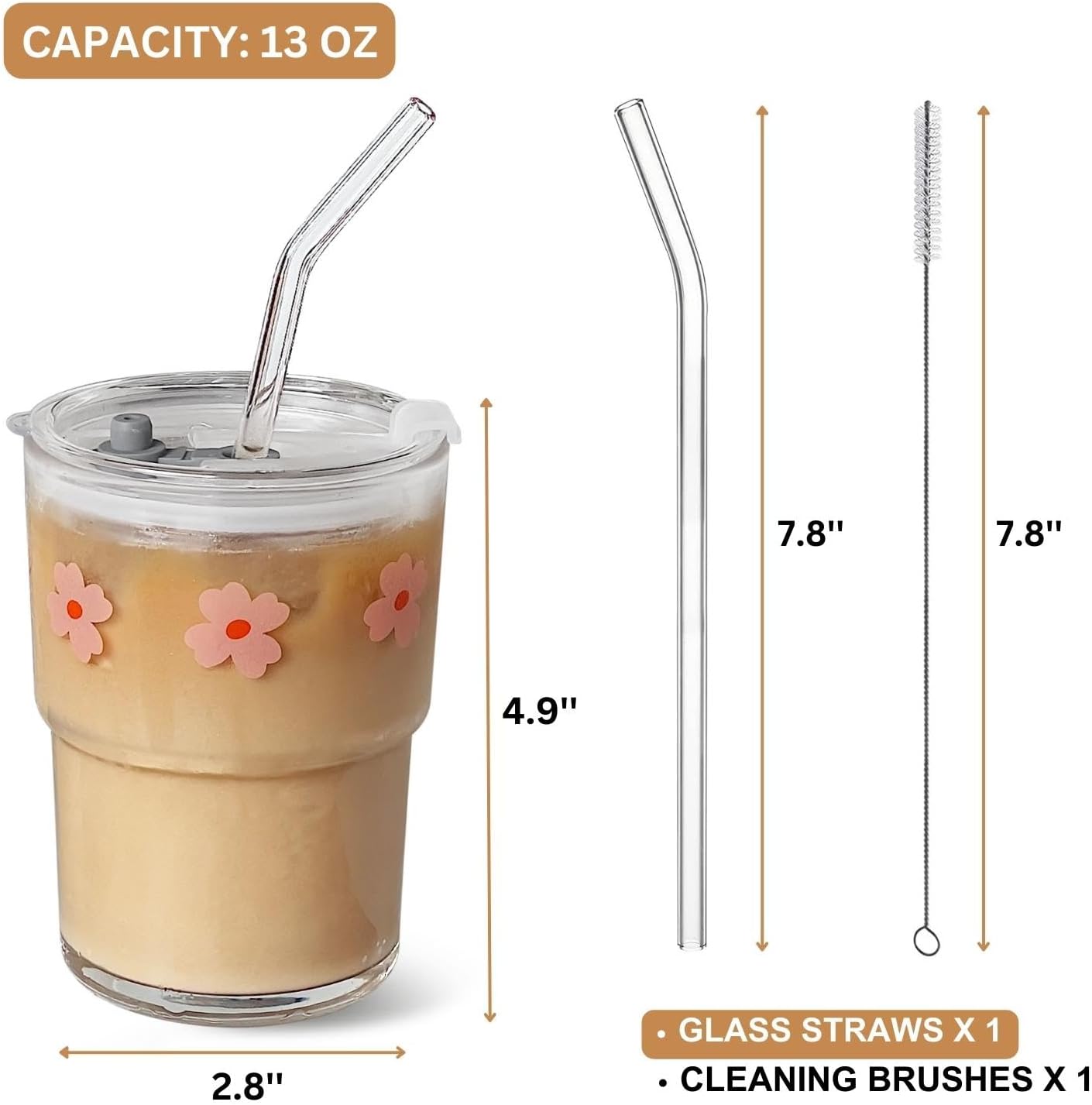 Olvini 13oz Glass Tumbler with Straw and Lid, Reusable Iced Coffee Cup Tumbler, Cute Glass Cups for Water, Matcha, Travel Coffee Mugs (Daisy)