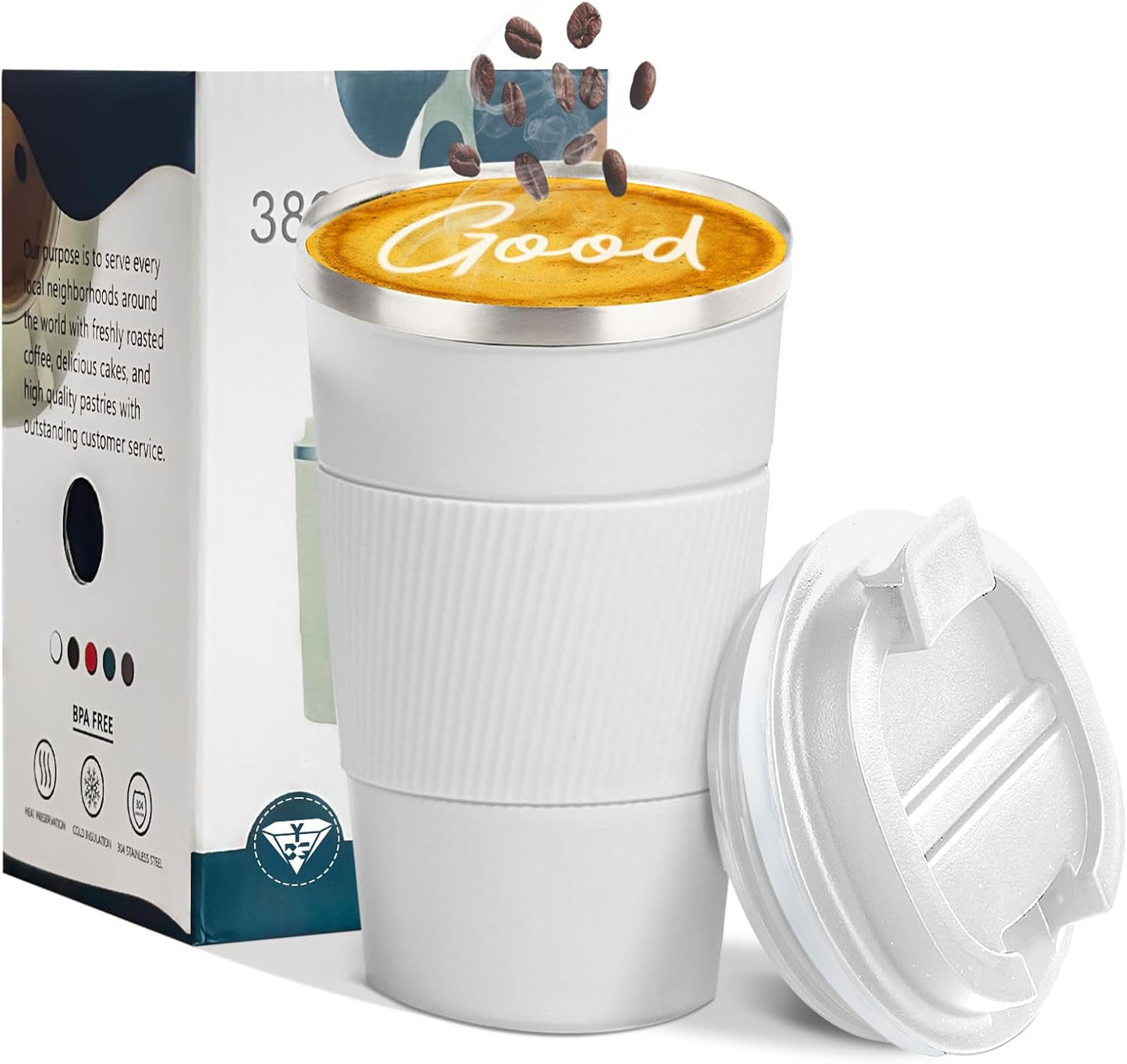 YINBAOGE Insulated Travel Coffee Mug, Spill & Leak Proof, Portable To Go Camping Stainless Steel Coffee Tumbler, Reusable Thermal Coffee Cup with Lid for Hot & Cold Drinks (Black, 12 OZ)