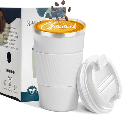 YINBAOGE Insulated Travel Coffee Mug, Spill & Leak Proof, Portable To Go Camping Stainless Steel Coffee Tumbler, Reusable Thermal Coffee Cup with Lid for Hot & Cold Drinks (Black, 12 OZ)