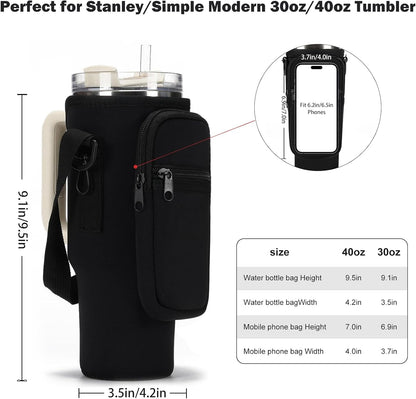 GOEWY Water Bottle Carrier Bag for Stanley 40/30 oz Tumbler with Phone Pocket Neoprene Water Bottle Holder with Shoulder & Handheld Strap Stanley Cup Accessories