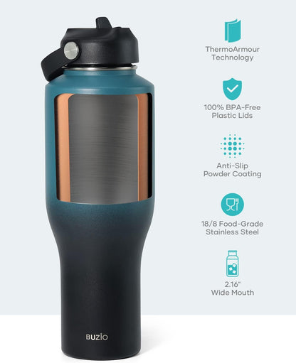 BUZIO 40oz Insulated Water Bottle Fits in Any Car Cup Holders, 40oz Vacuum Insulated Tumbler with Lids and Straw for Water, Travel Mug Cupholder Friendly, Leakproof Keep Cold & Hot, Indigo Crush