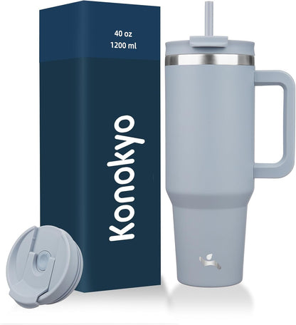 Konokyo 30 oz Tumbler with Handle and 2 Straws,2 in 1 Lid Insulated Water Bottle Stainless Steel Travel Coffee Mug,Sky