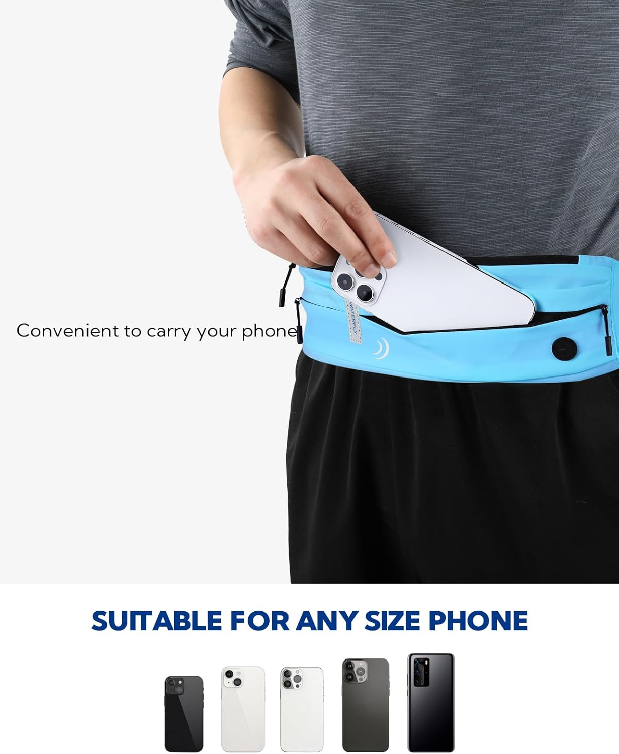 WATERFLY Running Belt Fanny Pack: Runner Marathon Jogging Waist Pack Sport Workout Exercise Fitness Phone Holder Belt for Men Women Jogger Slim Waist Bag Black