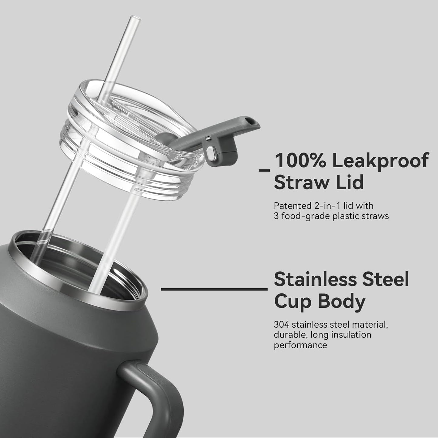 Gpeng 30/40/50 oz Tumbler with Handle, Water Bottles with Straw Lid, Insulated Stainless Steel Travel Mug Cup Holder Friendly, Keep Drinks Cold or Hot for Hours (LightGrey, 50 oz)