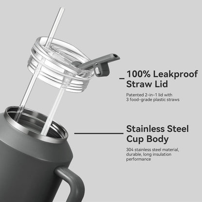 Gpeng 30/40/50 oz Tumbler with Handle, Water Bottles with Straw Lid, Insulated Stainless Steel Travel Mug Cup Holder Friendly, Keep Drinks Cold or Hot for Hours (LightGrey, 50 oz)