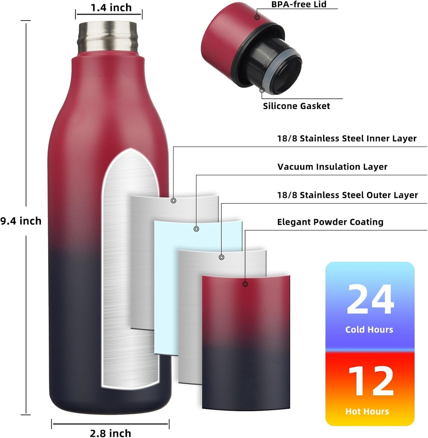 BJPKPK Insulated Water Bottles, 18 oz Stainless Steel Metal Water Bottle with Strap, BPA Free Leak Proof Jugs, Mugs, Flasks, Reusable Thermal Flasks for Sports & Travel, Black - Colors A