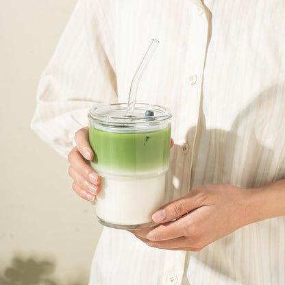 Olvini 13oz Glass Tumbler with Straw and Lid, Reusable Iced Coffee Cup Tumbler, Cute Glass Cups for Water, Matcha, Travel Coffee Mugs (Daisy)