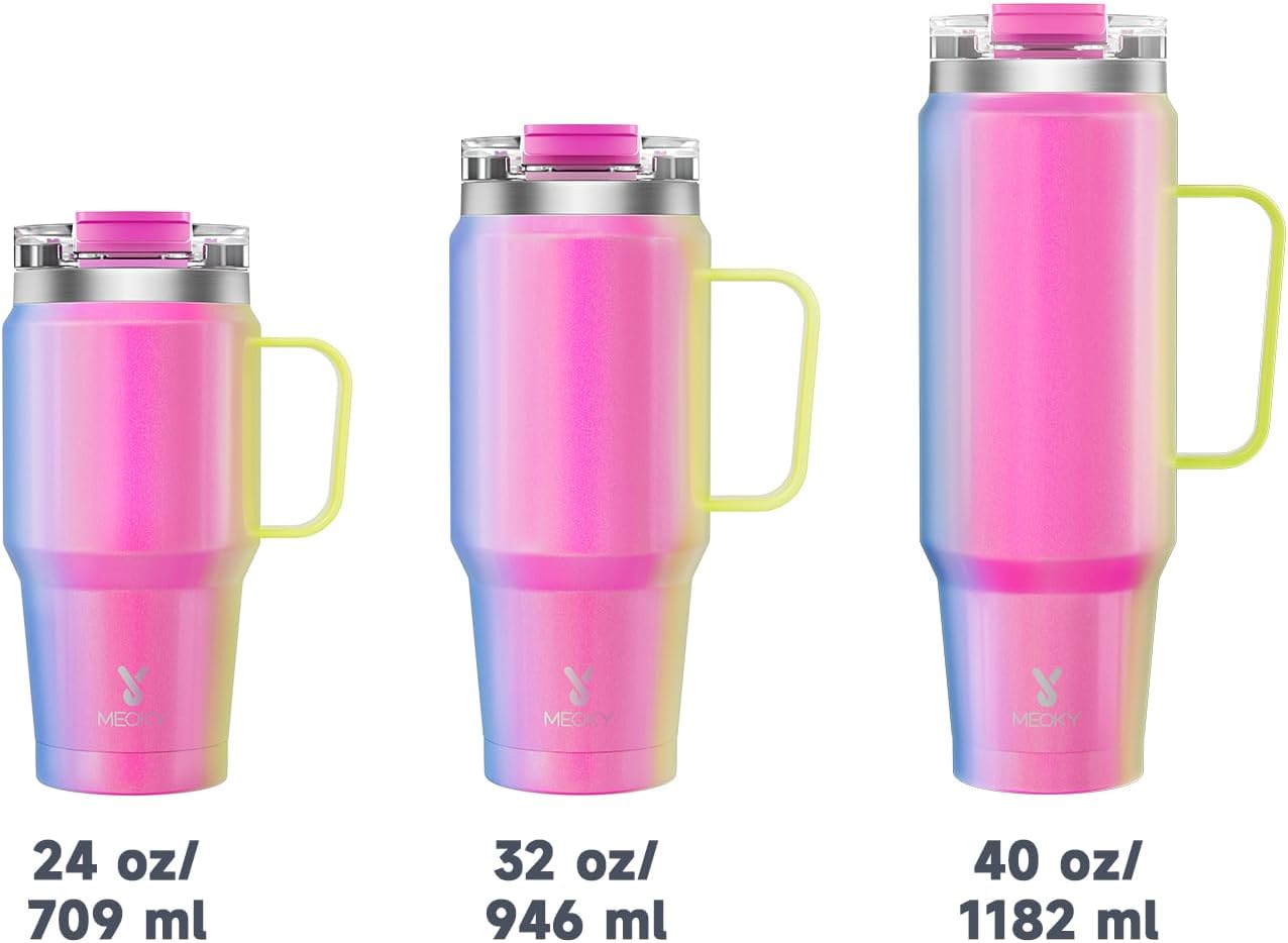 Meoky 32oz Tumbler with Handle, Stainless Steel Travel Mug with 2-in-1 Straw and Sip Lid, Vacuum Insulated Coffee Mug, 100% Leak Proof, Keeps Cold for 24 Hours or Hot for 8 Hours (Sky)