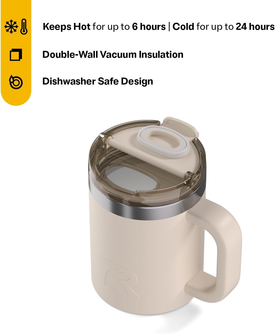 RTIC 12oz Essential Mug with Lid and Handle, Ceramic Lined, Insulated, Stainless Steel, Metal, Double Wall Vacuum-Insulation, Portable, Travel Cup for Hot and Cold Drink, Beach