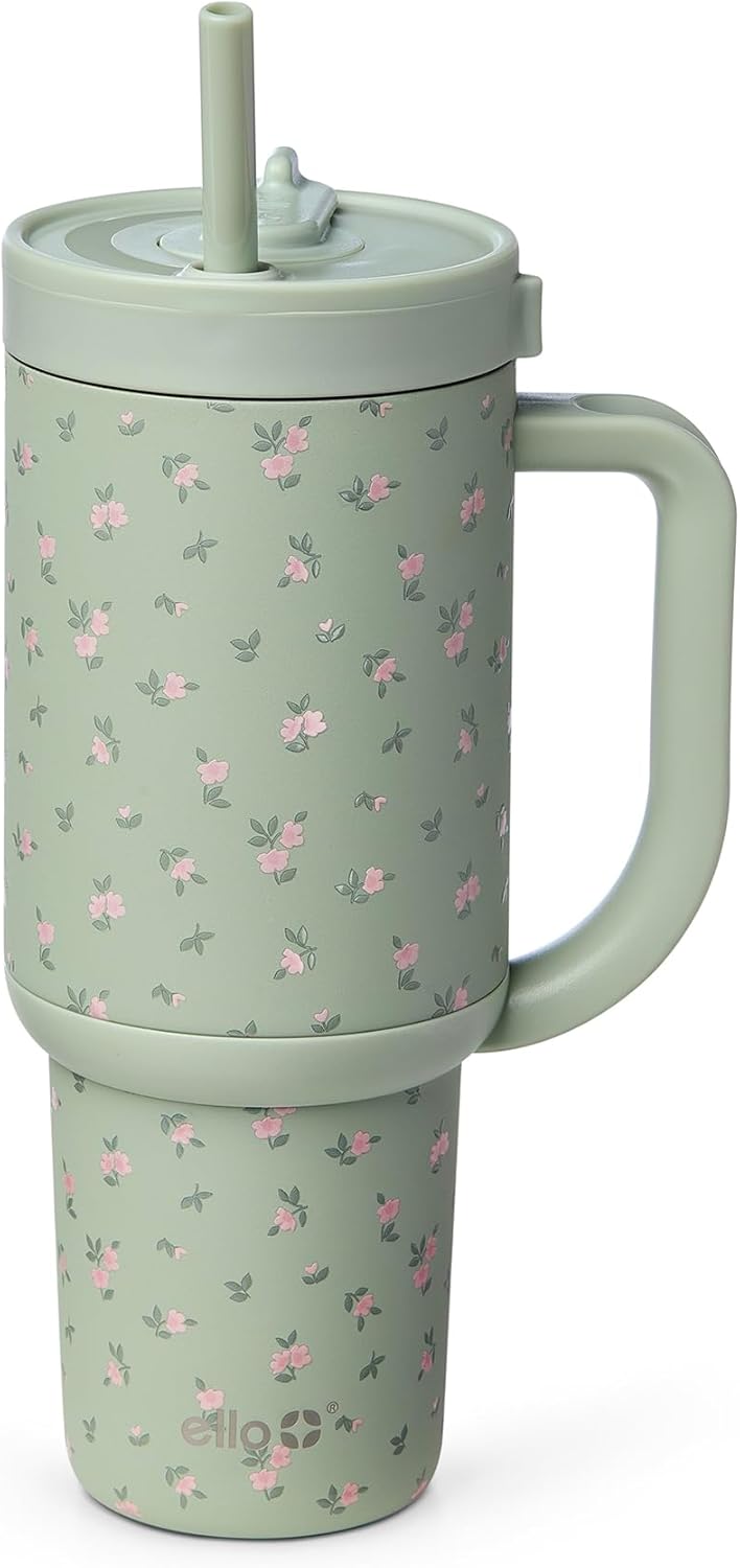 Ello Oasis 40 oz Tumbler with Handle & Retracting Straw | Reusable Insulated Stainless Steel Cup 100% Leakproof, Gifts for Teens Women Men | Keeps cold for 24 Hours, Cup Holder Friendly, Daisies