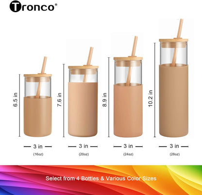 Tronco 24 oz Glass Tumbler with Lids and Straw, Reusable Iced Coffee Cup & Smoothie Cup with Bamboo Lid, Silicone Sleeve, Dishwasher Safe, BPA-Free Borosilicate Glass, 1 Pack