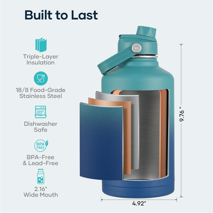 BUZIO 40oz Insulated Water Bottle, Triple Wall Vacuum Stainless Steel Water Flask with 2 lids, Lead-Free BPA-Free Straw Lid Sports Canteen Jug, Cold 48H & Hot 24H- Black - Colors B