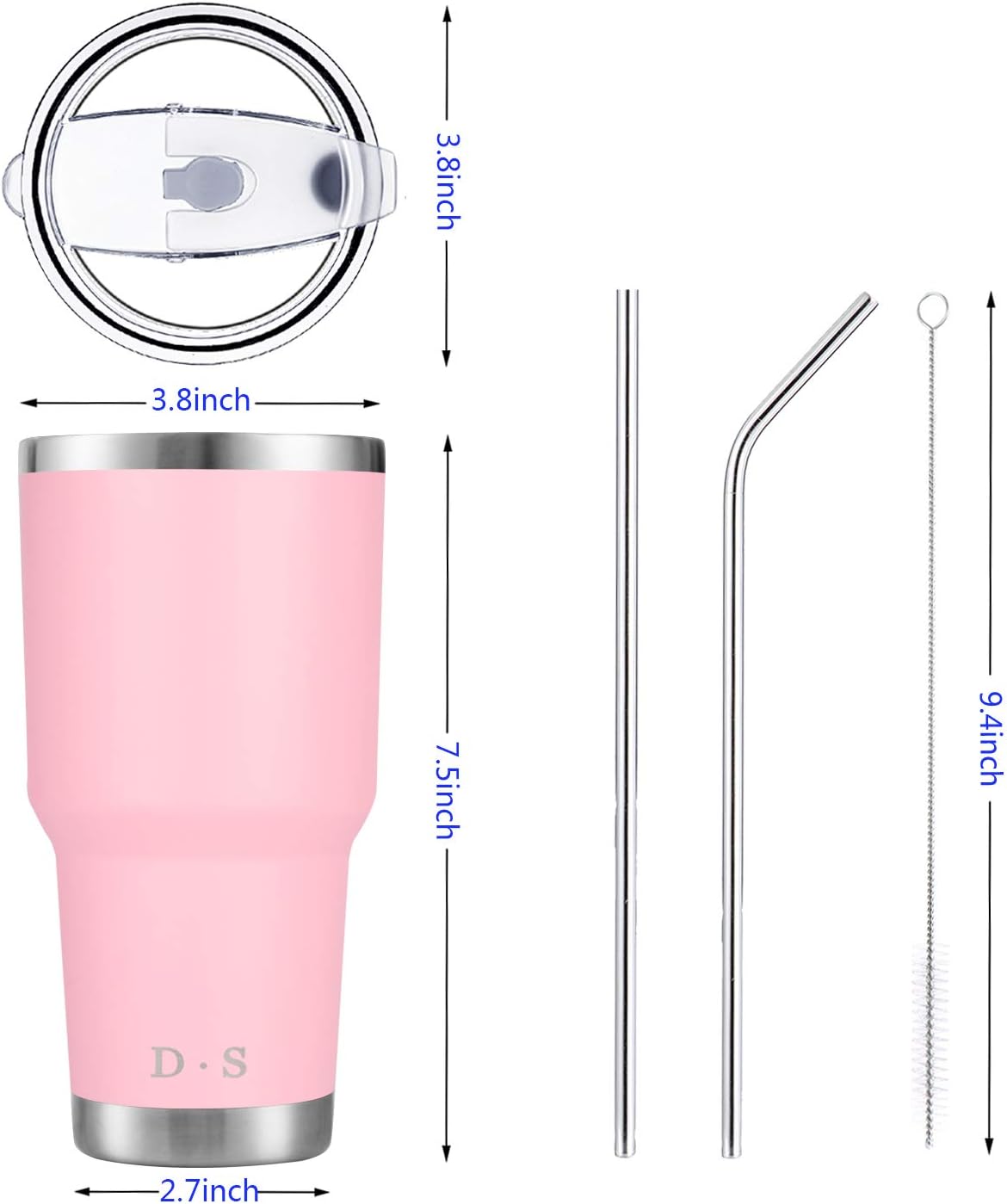 D·S 30oz Blue Tumbler Stainless Steel Double Wall Vacuum Insulated Mug with Straw and Lid, Cleaning Brush for Cold and Hot Beverages