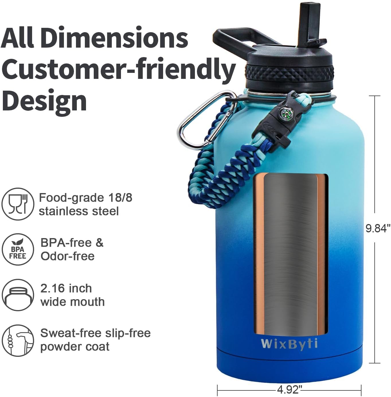 WixByti 40 oz Insulated Water Bottle with Straw (Cold for 36 Hrs), Stainless Steel Triple Wall Vacuum Sports Water Jug, Leakproof Hydro Cup Flask with Paracord Handle & Straw Spout Lids & DIY Stickers