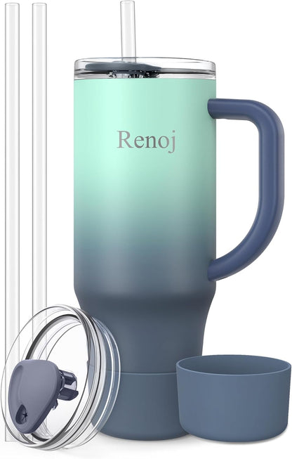 Renoj Insulated Mug 100% Leak Proof Insulated Water Bottle for Iced Coffee & Hot Drinks - Fits Car Cup Holder, Ideal Gift, 2 Straws & Silicone Boot - SnapShift Pink 32 oz